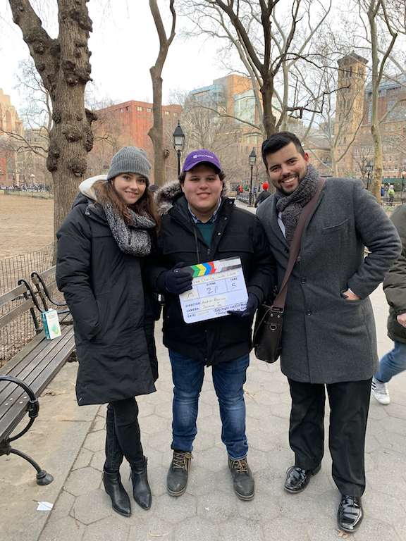 Photo of Clara Carlo, Andres Ramirez, and Steven Burgos in Washington Square Park.